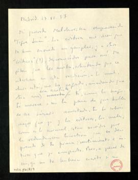 Carta de Ramón Pérez de Ayala a Melchor Fernández Almagro en la que le dice que se ha reeditado T...