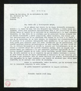 Copia de la carta de Camilo José Cela al director del diario Ya sobre la publicación de unas supu...