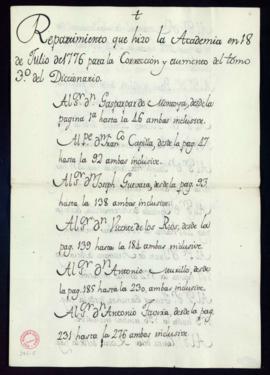 Copia del repartimiento que hizo la Academia en 18 de julio de 1776 para la corrección y aumento ...