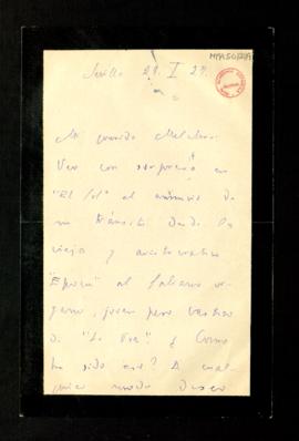 Carta de Pedro Salinas a Melchor Fernández Almagro en la que le dice que ha visto con sorpresa en...