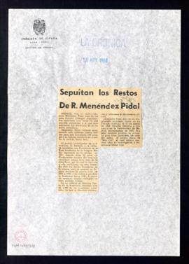 Sepultan los restos de R. [Ramón] Menéndez Pidal