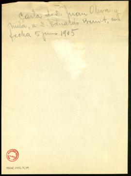 Nota: Carta de D. Juan Oliva y Milá a D. Eduardo Benot en fecha 5 de junio de 1905