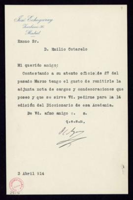 Carta de José Echegaray a Emilio Cotarelo [secretario de la Academia] con la que remite la nota d...