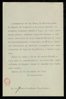 Copia del oficio del secretario a Genaro Fernández Mac Gregor en el que le comunica que la Real A...