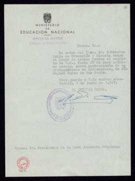 Copia sin firma del telegrama de Dámaso Alonso y Rafael Lapesa a Miguel Muñoz San Pedro en el que...