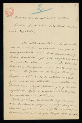 Carta de Rafael Ramírez de Arellano al director [el conde de Cheste] en la que le comunica el fal...