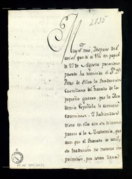 Minuta de la carta [de Francisco Antonio de Angulo] a  Juan de Peñuelas con la que remite el orig...