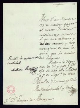 Orden de Manuel de Lardizábal del pago a Matías Ricarte de 650 reales de vellón por el tirado de ...