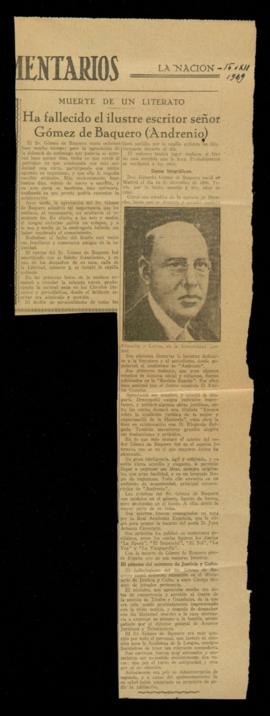 Recorte del diario La Nación de 16 de diciembre de 1927, con la noticia del fallecimiento de Edua...