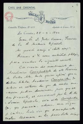 Carta de Narciso Correal a Julio Casares en la que le expresa su duda sobre la corrección de la d...