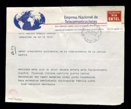 Telegrama del Club Natación Metropole a Vicente García de Diego, presidente accidental de la Real...