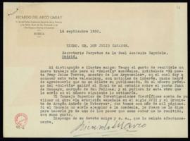 Carta de Ricardo del Arco, director del Museo Arqueológico Provincial de Huesca, a Julio Casares ...