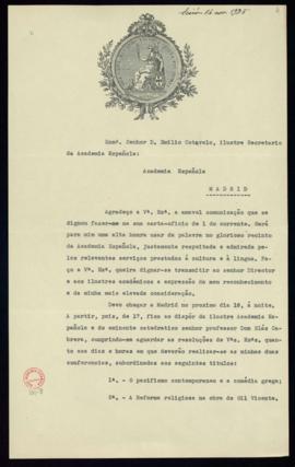 Carta de Julio Dantas, presidente de la Academia de Ciencias de Lisboa, a Emilio Cotarelo, secret...