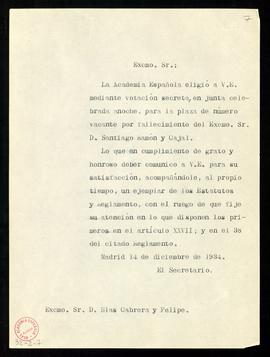 Copia sin firma del oficio del secretario a Blas Cabrera de traslado de su elección para ocupar l...