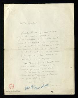 Carta de Gregorio Marañón a Melchor Fernández Almagro en la que le dice que ha pasado una tempora...