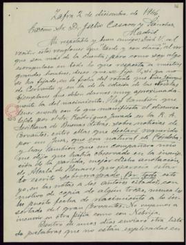 Carta de Pedro Lemus a Julio Casares en la que le da sus razones para considerar dudosa la fecha ...