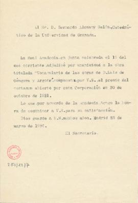 Copia sin firma del oficio del secretario a Bernardo Alemany Selfa, catedrático de la Universidad...
