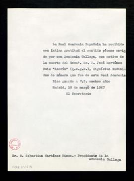 Copia sin firma del oficio de agradecimiento del secretario a Sebastián Martínez-Risco, president...