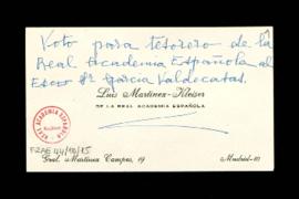 Tarjeta de visita de Luis Martínez-Kleiser con su voto para Alfonso García Valdecasas para tesorero
