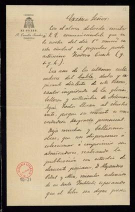 Carta de Fermín Canella Secades [al director, el conde de Cheste] en la que le comunica el fallec...