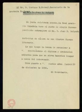 Copia del oficio del secretario a Enrique M. Sobral, secretario de la Academia Mexicana, en el qu...