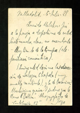 Tarjeta postal de Jorge Guillén a Melchor Fernández Almagro en la que le dice que sintió mucho no...