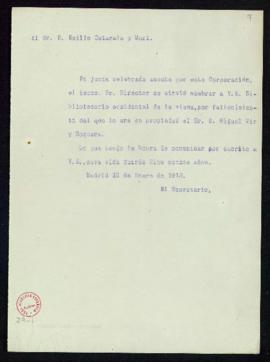 Copia sin firma del oficio del secretario [Mariano Catalina] a Emilio Cotarelo y Mori de comunica...