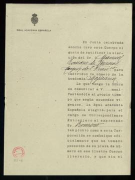 Copia del oficio del secretario a Enrique Fernández Granados, secretario de la Academia Mexicana,...