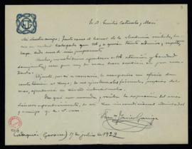 Carta de Francisco Javier Garriga a Emilio Cotarelo en la que expresa su agradecimiento por haber...