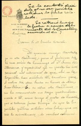 Carta de Vicente Castañeda, secretario de la Real Academia de la Historia, a Emilio Cotarelo en l...