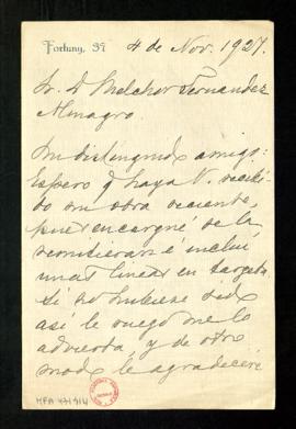 Carta del marqués de Lema a Melchor Fernández Almagro en la que le dice que le envió su obra reci...