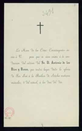 Invitación de la mesa de la Cortes Constituyentes para asistir al cortejo fúnebre de Antonio Ríos...