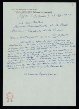 Carta de Werner Beinhauer a los representantes de la Real Academia Española en la que agradece su...