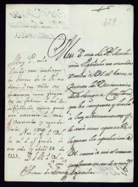 Carta de Vincencio Squarzafigo a Tomás de Acevedo con la que le remite el tomo quinto del Diccion...