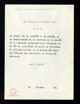 Copia del besalamano de Julio Casares a Agustín G. de Amezúa que acompaña un escrito de la Secret...