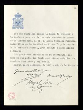 Propuesta de Ángel González Palencia para cubrir una de las seis vacantes de número de la Corpora...