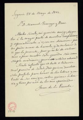 Carta de Juan de la Pezuela al secretario, Manuel Tamayo y Baus, en la que pide disculpas por las...