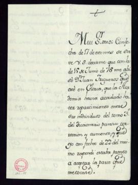 Carta del conde de la Roca a Manuel de Lardizábal y Uribe en la que acusa recibo del nuevo repart...