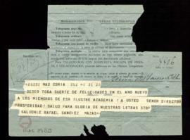 Telegrama de Rafael Sánchez Mazas a Francisco Rodríguez Marín con sus buenos deseos para el Año N...