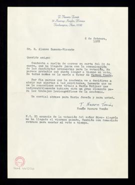 Carta de Tomás Navarro Tomás a Alonso Zamora Vicente con la que envía su voto a favor de Carmen C...