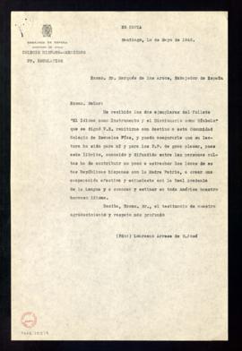 Carta de Laureano Arrese al marqués de los Arcos, embajador de España, para agradecer el envío de...