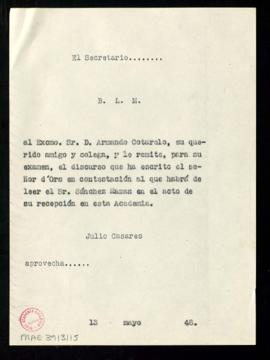 Copia sin firma del besalamano de Julio Casares, secretario, a Armando Cotarelo con la que le env...