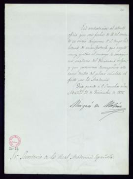 Carta del marqués de Molins al secretario [Manuel Tamayo y Baus] en la que acepta el encargo de c...