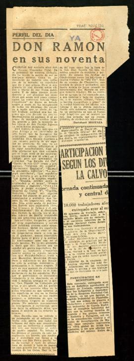 Recorte del diario Ya con el artículo Don Ramón en sus noventa años, por Bartolomé Mostaza