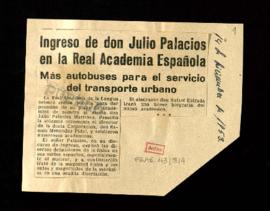 Recorte del diario Pueblo con la noticia titulada Ingreso de don Julio Palacios en la Real Academ...