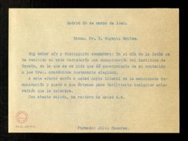 Minuta de la carta de Julio Casares a Eugenio Montes con la que le remite una copia literal de un...