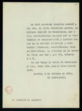 Copia sin firma del oficio del secretario a Rodolfo M. Ragucci de traslado del agradecimiento de ...