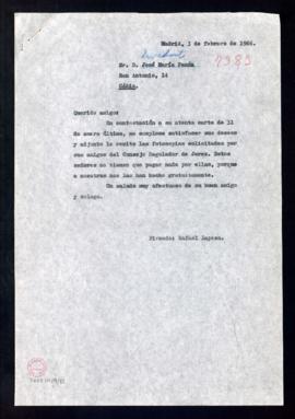 Copia sin firma de la carta de Rafael Lapesa a José María Pemán con la que remite unas fotocopias...
