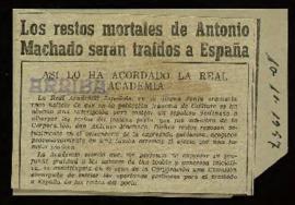 Recorte del diario Arriba con la noticia sobre el acuerdo de la Academia de trasladar a España lo...