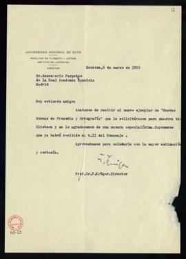 Carta de Fritz Krüger, director del Instituto de Lingüística, a Julio Casares en la que acusa rec...
